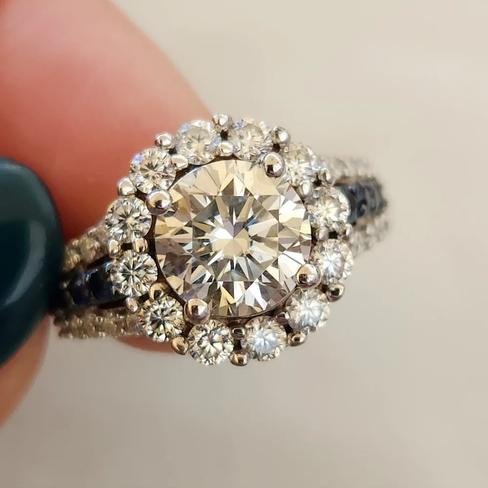 Moissanite Fire Blue Sapphire Platineve 925 Silver Ring - Picture 10 of 16